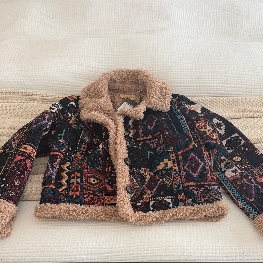 Shyanne Multicolor Geometric Jacket with Tan Sherpa Trim